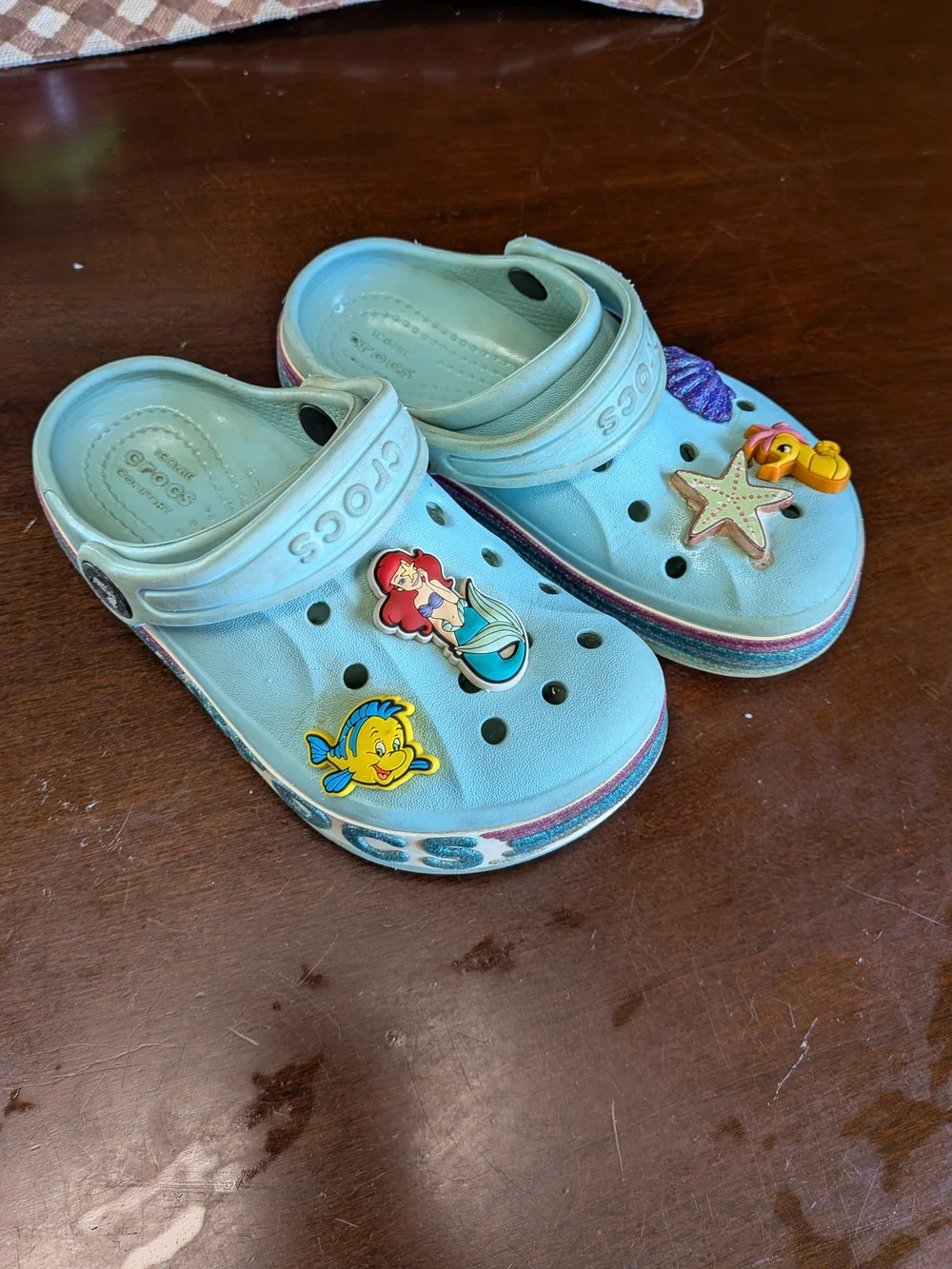 CROCS Kids Light Blue Foam Clogs with Mermaid and Sea Charms